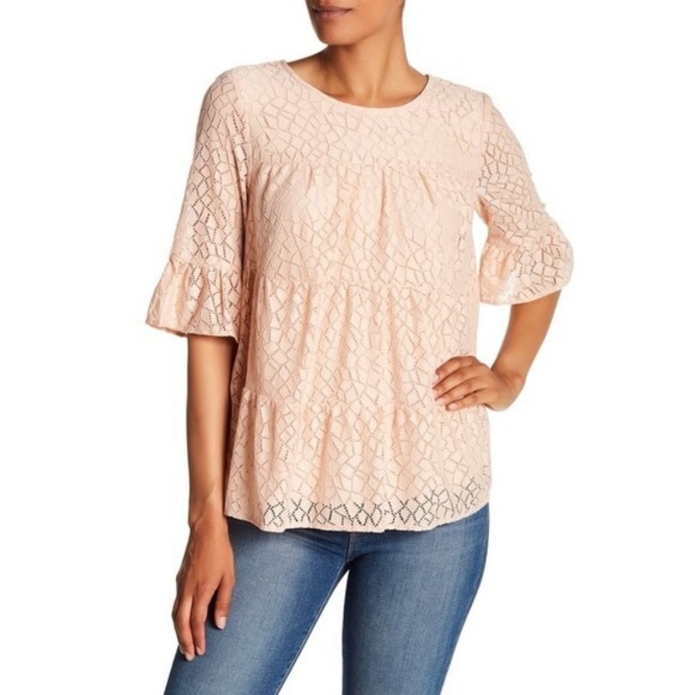 PLEIONE ~ TIERED STRETCH LACE BLOUSE ~ L ~ $88